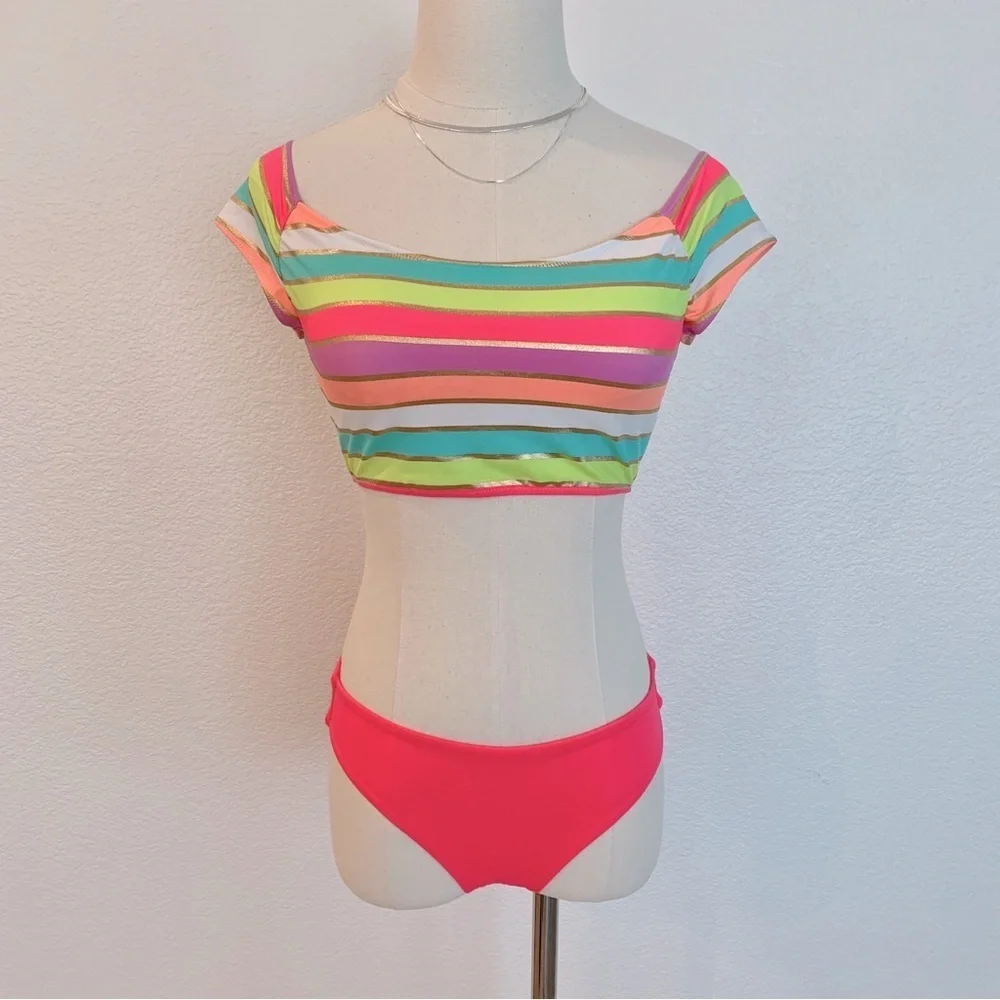 🌞 NWOT VS 2-Piece Set Rainbow Soiree Foil Gold Stripe Off-Shoulder Swimsuit